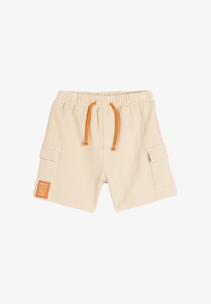 Beżowe teksturowane szorty z elastycznym pasem, pomarańczowym sznurkiem, bocznymi kieszeniami i naszywką z napisem "dziś jest dobry dzień, by zacząć od nowa."