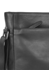 Schwarze Ledertasche mit glatter Textur, einer Vordertasche und einem Riemen mit metallischer Befestigung. Markenlabel sichtbar auf der Tasche.