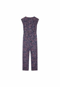 Navy jumpsuit with a floral pattern in pink and white. Short sleeves, elastic waist, and straight legs. Lightweight fabric. Back view shown.