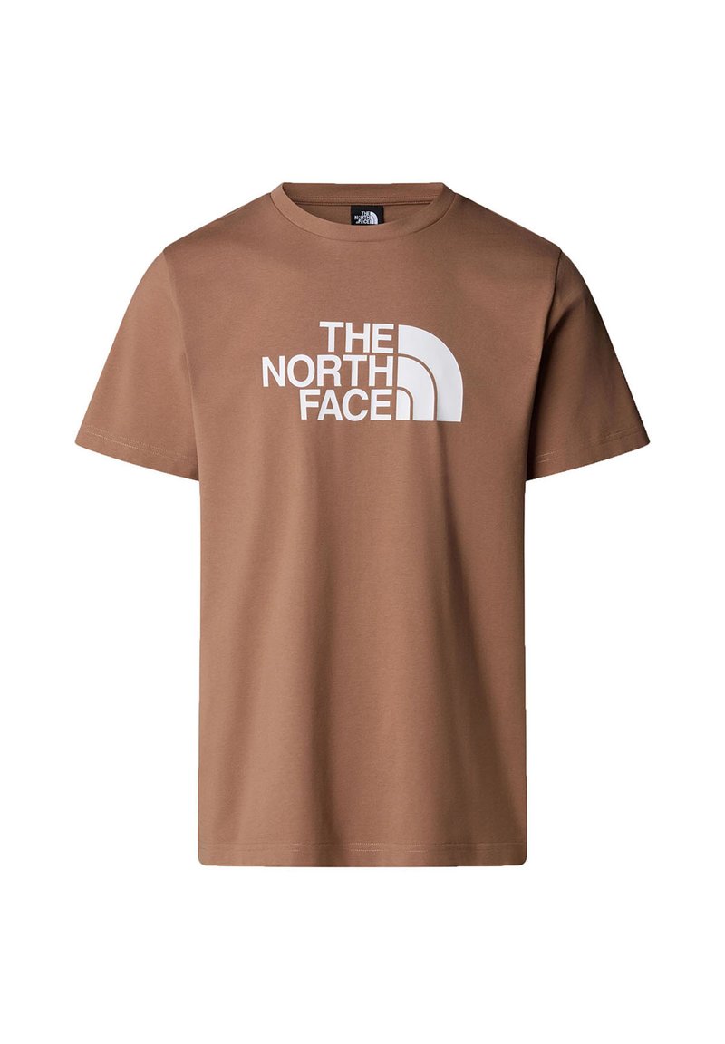 Camiseta de algodón marrón con un gran logo blanco de "THE NORTH FACE" con un diseño curvado, mangas cortas y un cuello redondo clásico.