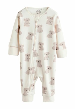 Langarm-Babystrampler aus weichem beigen Stoff mit einem wiederholten Koalapattern, vollständigem Reißverschluss und gerippten Bündchen.