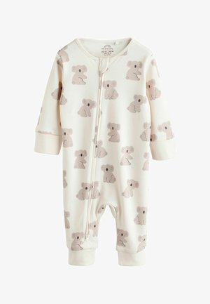 Hosszúujjú baba rugdalózó puha bézs anyagból, ismétlődő koala mintával, teljes cipzárral és bordázott mandzsettákkal.