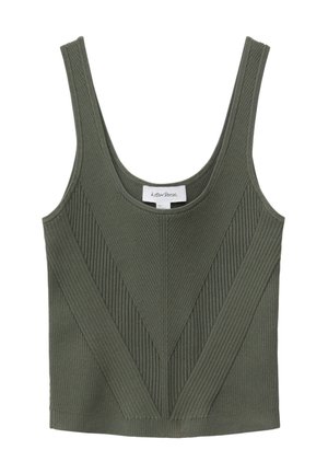 Olivgroene geribbelde gebreide tanktop met brede bandjes en een diep uitgesneden halslijn, met een V-vormig textuurpatroon aan de voorkant.