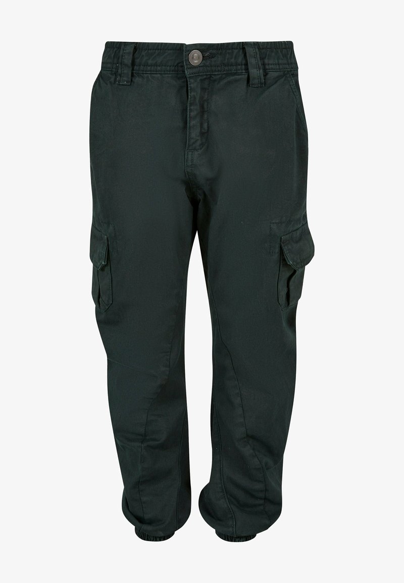 Mørkegrønne cargo-bukser laget av bomull, med to sidecargo-lommer, elastiske mansjetter og knappelukking i livet.