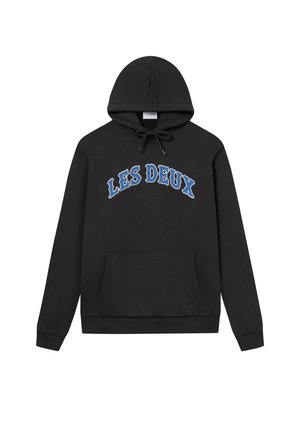 Felpa nera con tasca frontale, cappuccio con cordino e scritta "LES DEUX" in blu sul petto. Tessuto morbido.