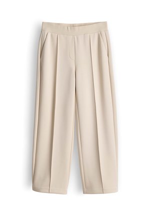Beige plissierte Hose mit weitem Bein, gefertigt aus einem glatten Stoff. Verfügt über einen elastischen Bund und seitliche Taschen für Funktionalität.