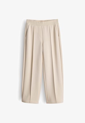 Beige pleated trousers with a wide-leg design, made from a smooth fabric. Features an elastic waistband and side pockets for functionality.