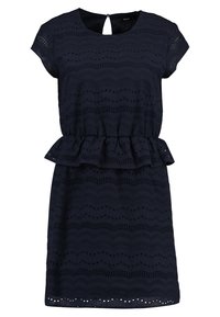 Laivansinis lygos rankovėmis su aklų raštu, elastinga juosmens dalimi, peplum detale ir apvaliu iškirpimu su mygtuku nugarėlėje.