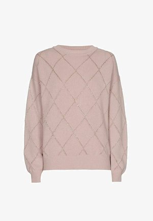Pull en tricot rose clair arborant un motif en losanges avec des accents de fil métallique subtils. Col ribbé et manches à soufflet.