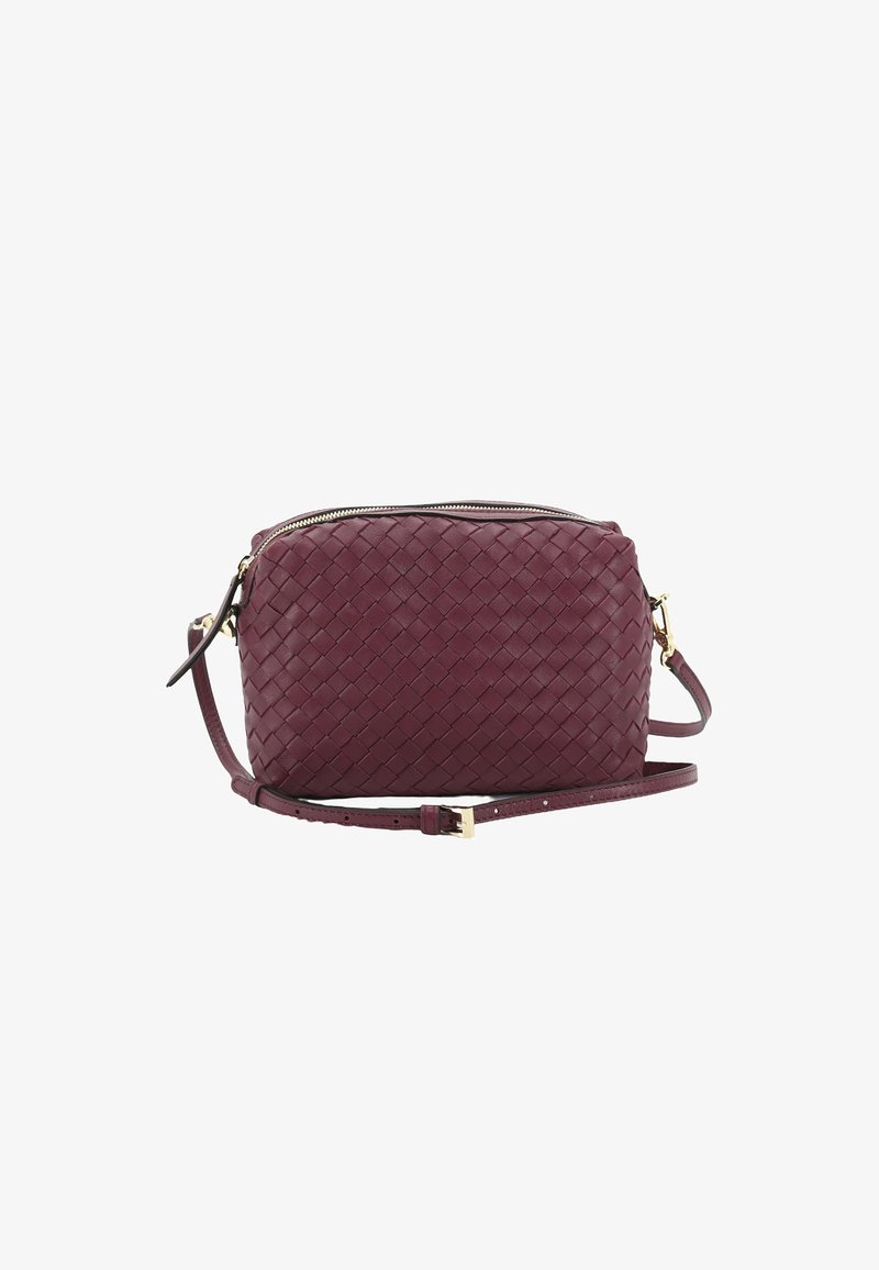 Woven burgundy leather crossbody bag with a gold zipper and adjustable strap. Features a rectangular shape and textured surface.