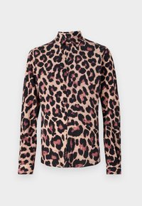 Leopard print shirt in lightweight fabric features a black and beige pattern, a pointed collar, and long sleeves.