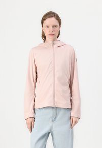 Ροζ φούτερ ζακέτα με φερμουάρ και κουκούλα σε μαλακό ύφασμα, με στενή γραμμή, μακριά μανίκια και διακριτική πλαϊνή τσέπη. Απλός σχεδιασμός χωρίς μοτίβα.