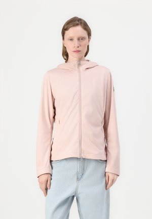 Giacca con cappuccio zip-up rosa chiaro in tessuto morbido, con vestibilità slim, maniche lunghe e una tasca laterale discreta. Design semplice senza pattern.