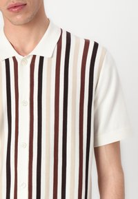 Pletena polo majica z navpičnimi črtami v krem, rjavi in bež barvi. Ima usnjeno ovratnico in gumbasto zapenjanje z belimi gumbi.