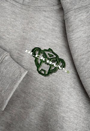 Grijze sweater met een getextureerd, geborduurd groen berenlogo met hoekige lijnen en het woord "BLACKBANS" eronder in het wit.