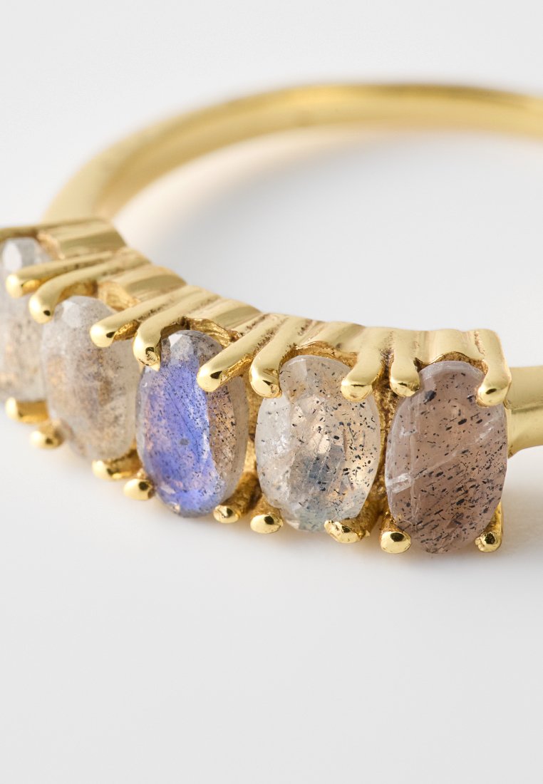Gouden ring met vijf ovale edelstenen in verschillende kleuren, waaronder grijs en blauw, gezet in getextureerde gouden pootjes.