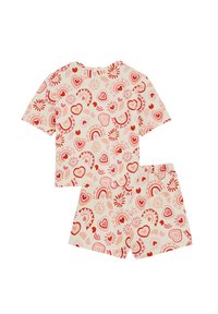 Completo composto da top a maniche corte e pantaloncini color crema con un motivo colorato di cuori, fiori e arcobaleni in tonalità di rosa e rosso.