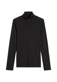 Czarna, długosłodowa koszulka typu turtleneck wykonana z miękkiego materiału, z dopasowanym kołnierzem, prostym wzornictwem oraz bez widocznych wzorów czy elementów metalowych.