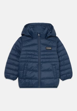 Padded navy blue jacket with a hood, featuring horizontal quilted sections, front zipper closure, and a small logo on the chest.