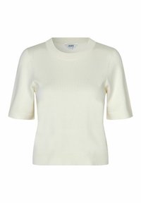 Kortærmet cremefarvet trøje lavet af blødt strikstof, med rund halsudskæring og tætsiddende silhuet. Ingen mønstre eller dekorationer.