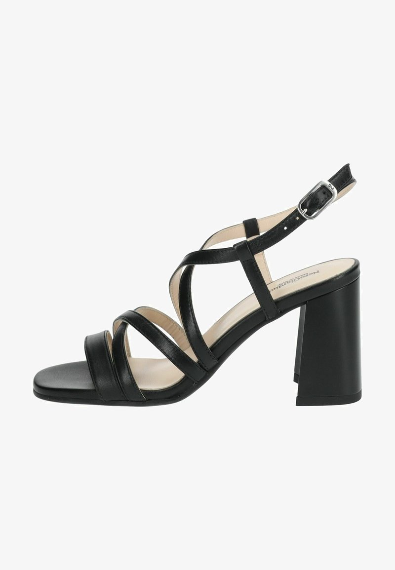 Schwarze Leder-Absatzsandalen mit mehreren dünnen Riemen und einem Knöchelverschluss. Blockabsatz und offenes Zehendesign; glatte Textur.