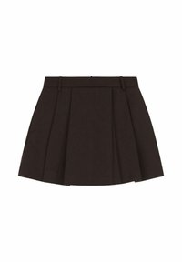 Gonna plissettata nera realizzata in un tessuto dalla trama liscia; presenta una vita aderente e arriva fino a metà coscia.
