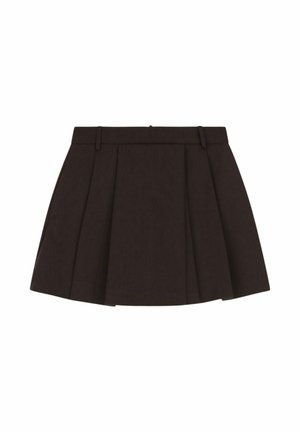 Gonna plissettata nera realizzata in un tessuto dalla trama liscia; presenta una vita aderente e arriva fino a metà coscia.