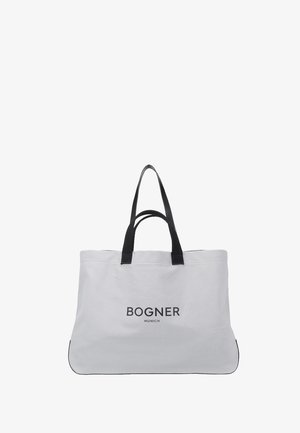 Bolso tote blanco grande con asas negras, "BOGNER MUNICH" impreso en negro en el centro frontal.