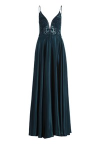 Robe de soirée turquoise avec un décolleté en V profond, un corsage orné et des bretelles spaghetti ajustables. Jupe en satin fluide avec une texture lisse.