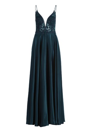 Teal Abendkleid mit tiefem V-Ausschnitt, verziertem Oberteil und verstellbaren Spaghetti-Trägern. Fließender Satinstoffrock mit glatter Textur.