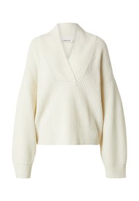 Dicker, gestrickter, cremefarbener Pullover mit tiefem V-Ausschnitt, oversized Passform, geripptem Muster und weiten Ärmeln. Er hat eine verkürzte Länge und eine Fronttasche.