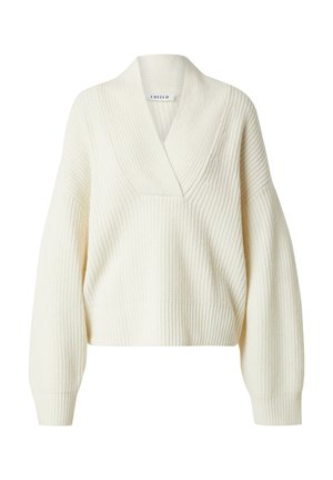 Dicker, gestrickter, cremefarbener Pullover mit tiefem V-Ausschnitt, oversized Passform, geripptem Muster und weiten Ärmeln. Er hat eine verkürzte Länge und eine Fronttasche.