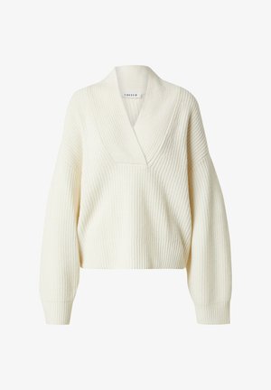 Dicker, gestrickter, cremefarbener Pullover mit tiefem V-Ausschnitt, oversized Passform, geripptem Muster und weiten Ärmeln. Er hat eine verkürzte Länge und eine Fronttasche.