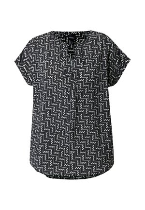 Blusa nera a maniche corte con motivo a zigzag bianco, scollo rotondo e fit rilassato con orlo curvo.