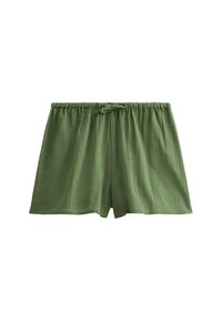 Pantalones cortos de algodón verde con una cintura elástica y un lazo ajustable. Ligeros, con un corte holgado y una textura suave.
