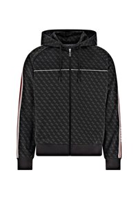 Felpa nera con zip caratterizzata da un design decorativo, zip bianca e strisce rosse e bianche a contrasto lungo le maniche.