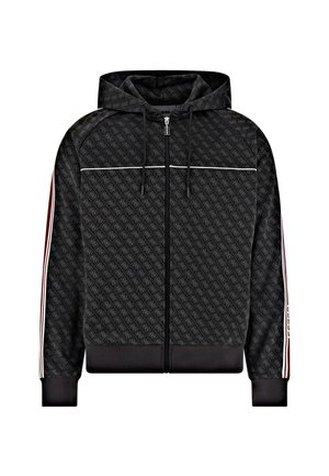 Zwarte zip-up hoodie met een patroonontwerp, witte rits en contrasterende rode en witte strepen langs de mouwen.