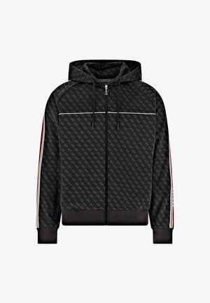 Hoodie zippé noir avec un design à motif, fermeture éclair blanche, et des rayures rouges et blanches contrastantes le long des manches.