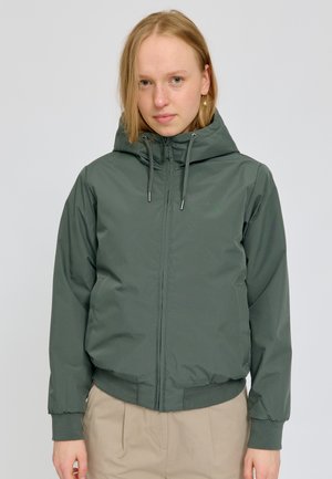 Dark green, hooded jacket with a front zipper, elastic cuffs, and hem. Made from smooth material with a slightly padded texture.