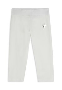 Leggings bianchi aderenti con fascia in vita larga e piccolo logo argentato sulla coscia superiore, presentati su uno sfondo bianco.