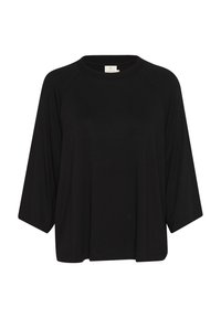 Schwarz oversized T-Shirt aus weichem Material, mit Rundhalsausschnitt und Dreiviertel-Raglanärmeln. Keine sichtbaren Muster oder Akzente.