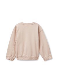 Sudadera de manga larga en beige claro con puños y cintura elásticos, vista desde la parte posterior sobre un fondo blanco.
