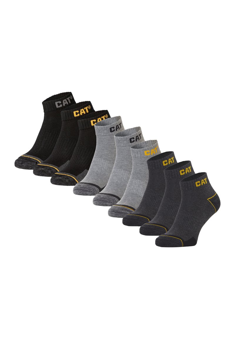 Ensemble de dix paires de chaussettes montantes, comprenant des couleurs noir, gris et charbon, avec une texture ribbed et un logo "CAT" jaune sur le bord.