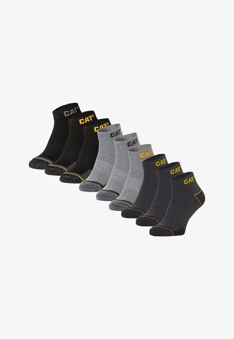 Set van tien paar crew sokken, in de kleuren zwart, grijs en antraciet, met ribbelstructuur en een gele "CAT"-logo op de boord.