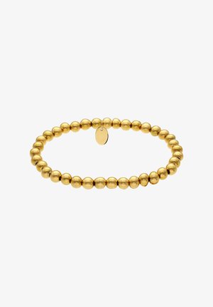 Goldfarbenes Perlenarmband mit einer Reihe gleichmäßig verteilter, polierter Kugelperlen und einem kleinen Anhänger. Glatte Textur und runde Form.