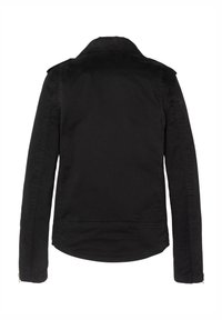 Giacca in denim nero con colletto, maniche lunghe e dettagli con zip. Presenta una texture liscia e un design semplice senza ulteriori abbellimenti.