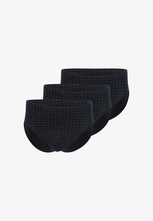 Culotte noire en pack de trois, avec un motif en grille de lignes bleues. Tissu doux avec un dos et une ceinture noirs unis.