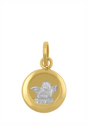 Pendentif circulaire en or avec une figure de chérubin en argent reposant sa tête sur une main au centre.