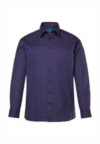 Camicia a maniche lunghe, con bottoni, di colore viola scuro, caratterizzata da un motivo geometrico, realizzata in tessuto liscio con colletto e polsini strutturati.