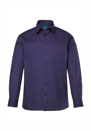 Chemise à manches longues, boutonnée, de couleur violet foncé, ornée d'un motif géométrique, fabriquée en tissu doux avec un col et des poignets structurés.